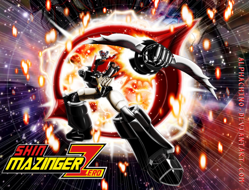alphachino, artist_name, glowing, glowing_eyes, highres, mazinger_z_(mecha), mazinger_zero_(mecha), mecha