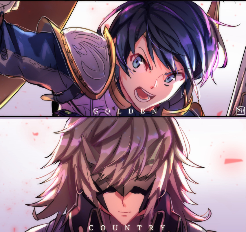 2boys, absurdres, armor, blue_eyes, blue_hair, copyright_name, grey_hair, hidden_eyes