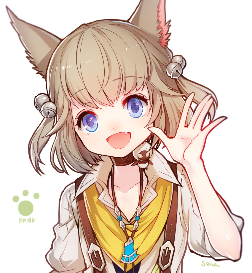 1girl, :d, absurdres, animal_ears, bell, blue_eyes, brown_choker, cat_ears