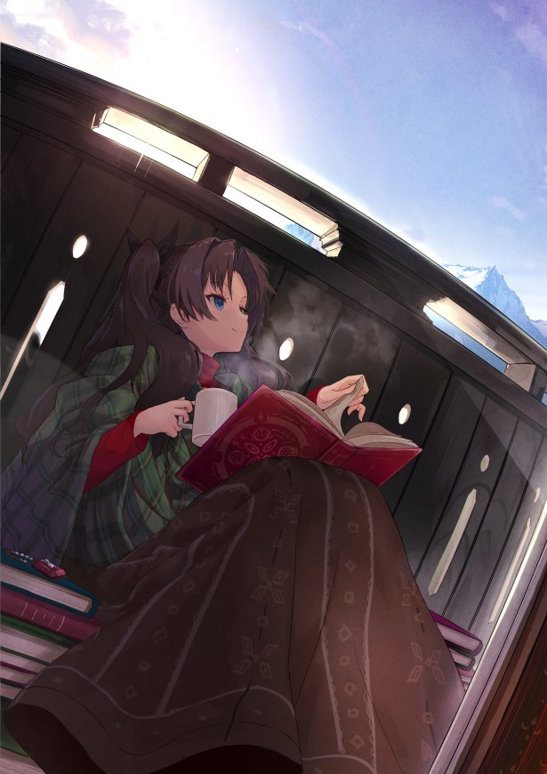 1girl, blanket, bloom, blue_eyes, book, comfy, cup, fate/stay_night, fate_(series), holding, holding_cup, miruto_netsuki, mountain, mug, smile, steam, sun, tohsaka_rin, twintails