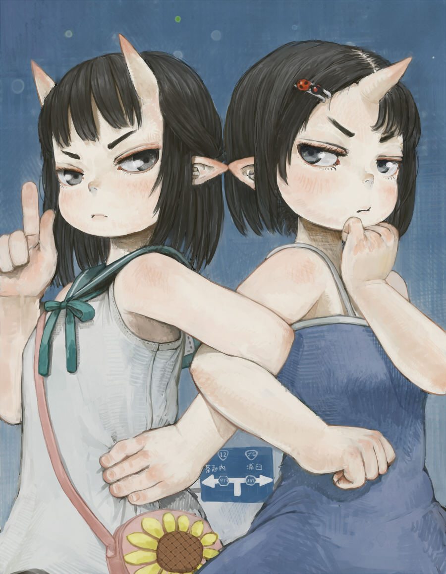 bag, bare_shoulders, black_hair, blue_dress, blush, closed_mouth, commentary_request, dress