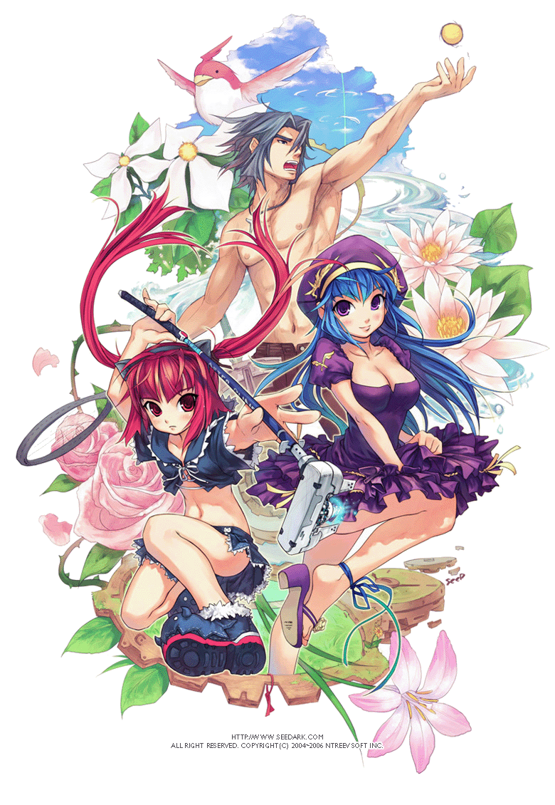 bird, birds, blue_hair, blush, breasts, cleavage, feet, flower