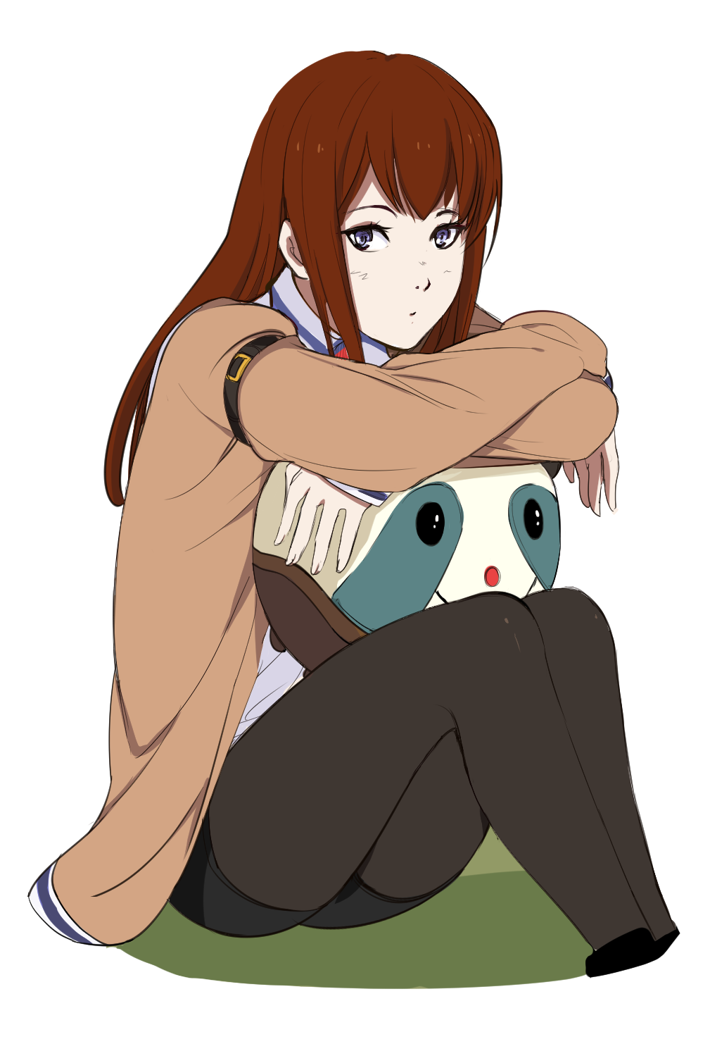 1girl, arcsinus, black_legwear, blue_eyes, brown_hair, collared_shirt, crossed_arms, cushion