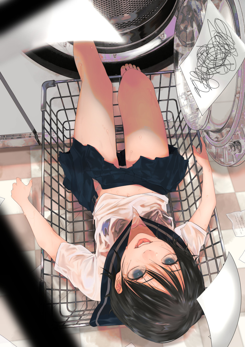 1girl, absurdres, antera_(emi), barefoot, black_hair, highres, laundry_basket, open_clothes, open_skirt, original, piercing, sailor_collar, sailor_shirt, shirt, skirt, tagme, tile_floor, tiles, tongue_piercing, washing_machine, wet, wet_clothes