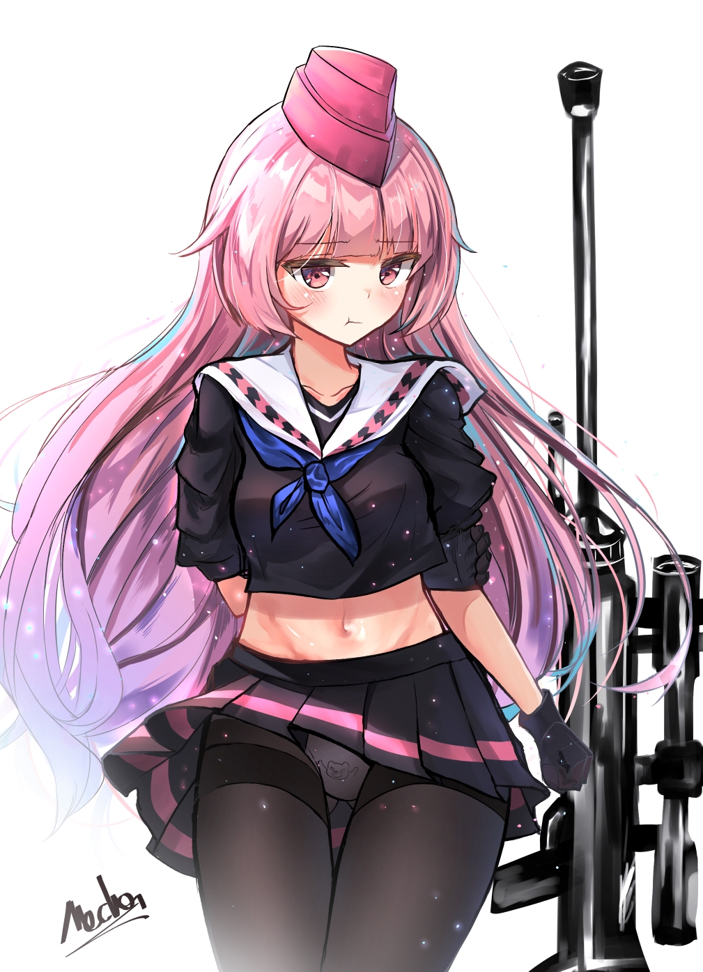 1girl, :t, alswp5806, animal_print, anti-materiel_rifle, bangs, bear_panties, bear_print