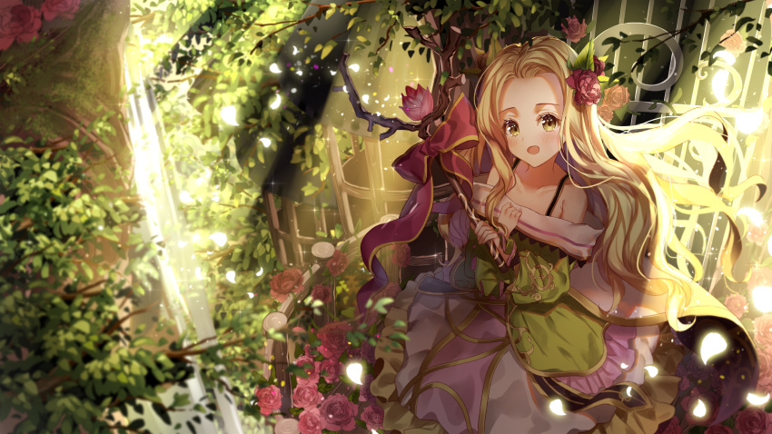 1girl, :o, absurdres, balcony, bare_shoulders, blonde_hair, bow, brown_eyes, dress, elf, flower, green_dress, hand_up, highres, holding, holding_wand, huge_filesize, lium, long_hair, looking_at_viewer, nina_(teria_saga), outdoors, petals, pointy_ears, railing, red_bow, rose, sitting, solo, teria_saga, tree, very_long_hair, wand, water, waterfall