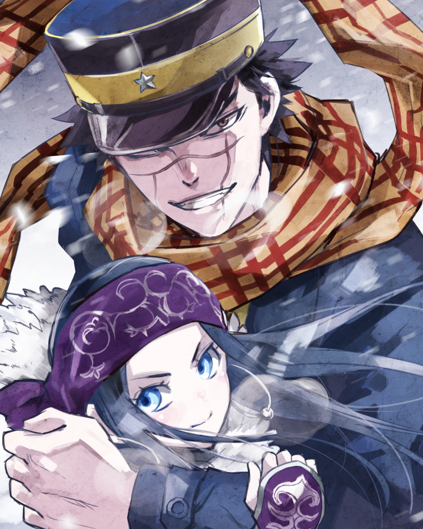 1boy, 1girl, ainu, ainu_clothes, asirpa, bandanna, black_hair, blue_eyes