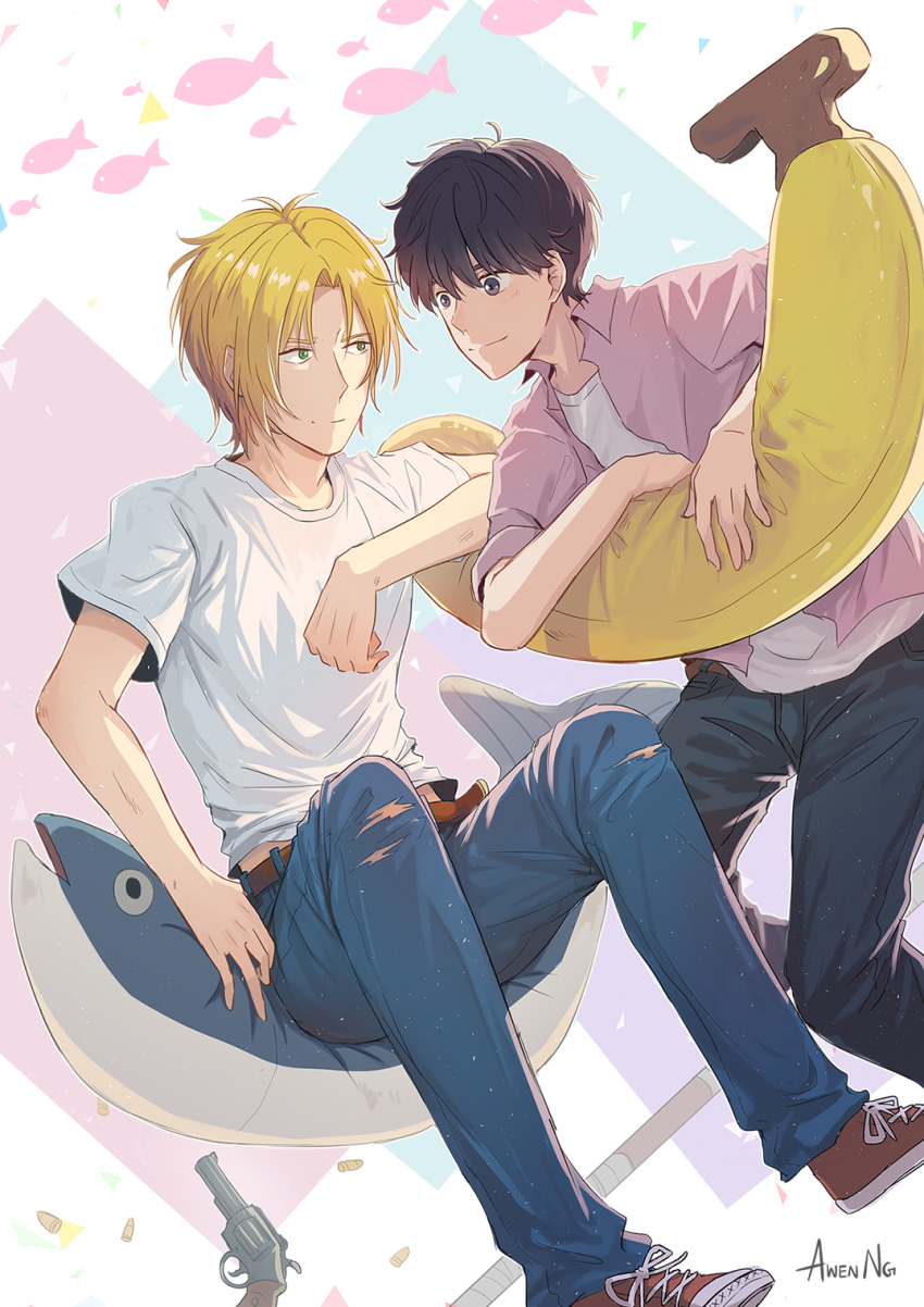 2boys, a-wen, artist_name, ash_lynx, banana_fish, banana_pillow, belt, black_pants