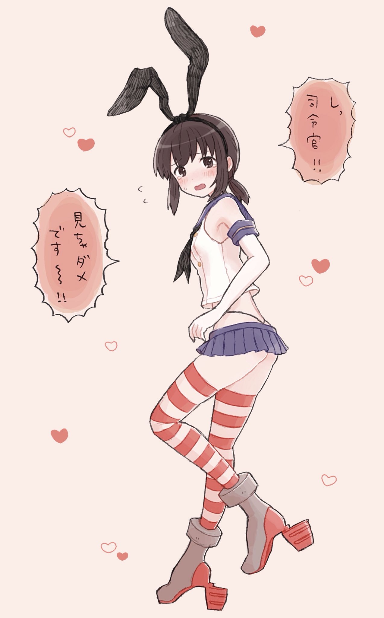1girl, black_hair, black_panties, blue_skirt, blush, cosplay, crop_top, elbow_gloves, embarrassed, from_side, fubuki_(kantai_collection), gloves, heart, highleg, highleg_panties, highres, kantai_collection, looking_at_viewer, low_ponytail, miniskirt, okayu_(okayutabeyo_), open_mouth, panties, pleated_skirt, sailor_collar, school_uniform, serafuku, shimakaze_(kantai_collection), shimakaze_(kantai_collection)_(cosplay), short_ponytail, sidelocks, skirt, sleeveless, striped, striped_legwear, tearing_up, underwear, white_gloves