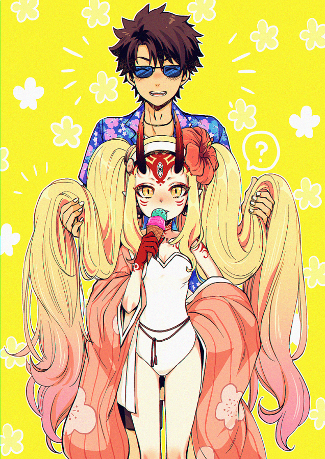 1girl, blonde_hair, facial_mark, fate/grand_order, fate_(series), flower, forehead_mark, fujimaru_ritsuka_(male), hair_flower, hair_ornament, hawaiian_shirt, hizuki_mai, horns, ibaraki_douji_(fate/grand_order), ibaraki_douji_(swimsuit_lancer)_(fate), ice_cream_cone, long_hair, oni, oni_horns, pointy_ears, shirt, sunglasses, swimsuit, twintails, very_long_hair, yellow_eyes