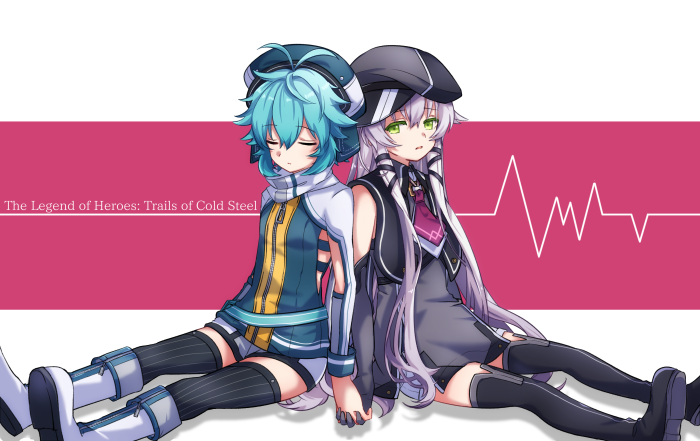 2girls, ahoge, altina_orion, aqua_hair, black_gloves, black_hat, black_legwear, blue_hat