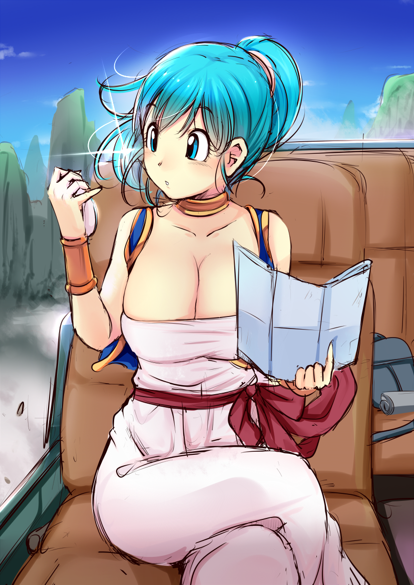 1girl, 90s, arabian_clothes, arms_up, blue_eyes, blue_hair, blue_sky, blue_vest