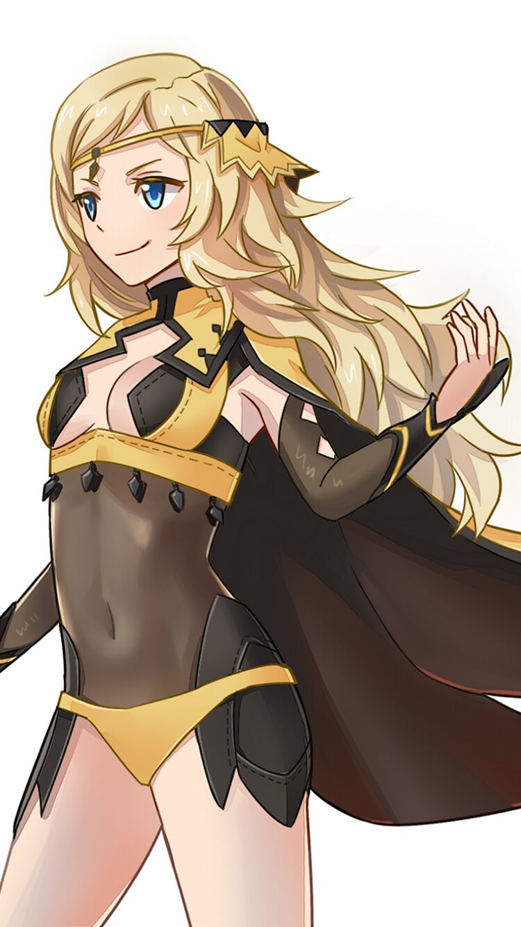 1girl, blonde_hair, blue_eyes, breasts, cape, center_opening, circlet, cleavage