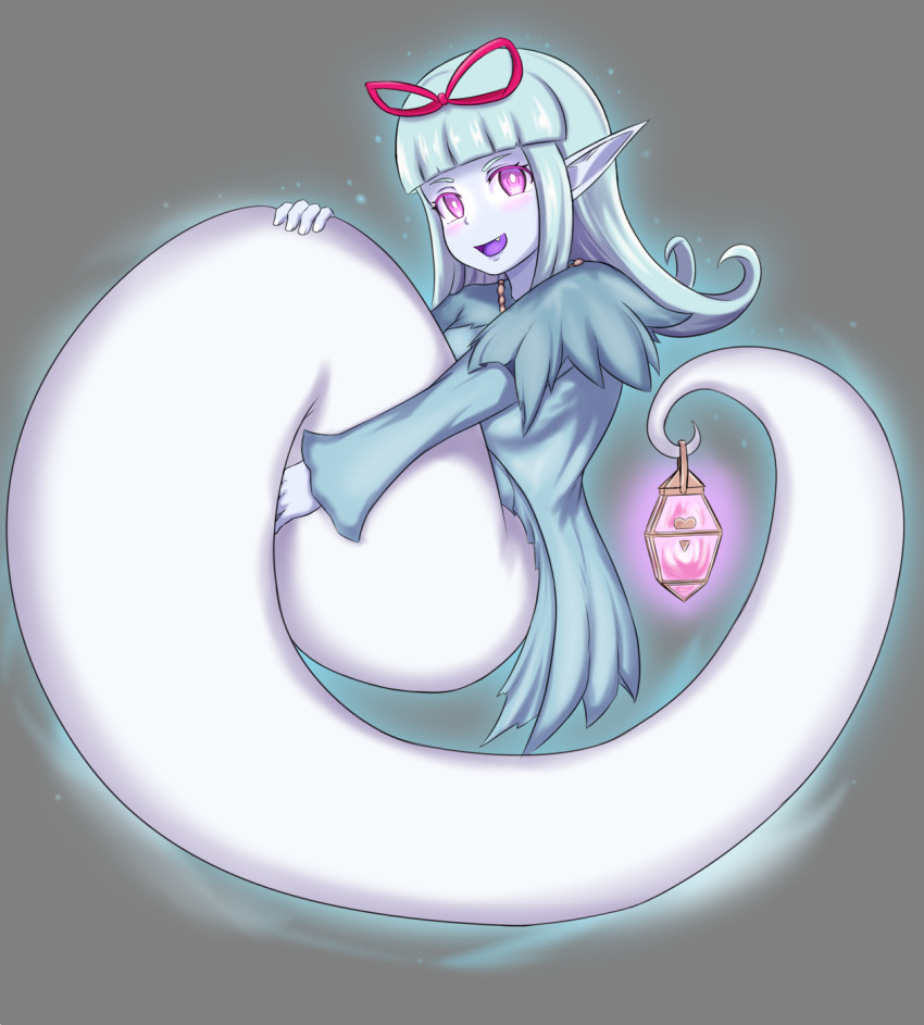 1girl, :d, bangs, blue_dress, blue_hair, blunt_bangs, blush, capelet, commission, dress, fang, flipped_hair, full_body, ghost, ghost_(monster_girl_encyclopedia), ghost_tail, glowing, grey_background, highres, lantern, long_hair, long_sleeves, looking_at_viewer, monster_girl_encyclopedia, nav, open_mouth, pale_skin, pointy_ears, purple_tongue, simple_background, smile, solo, violet_eyes