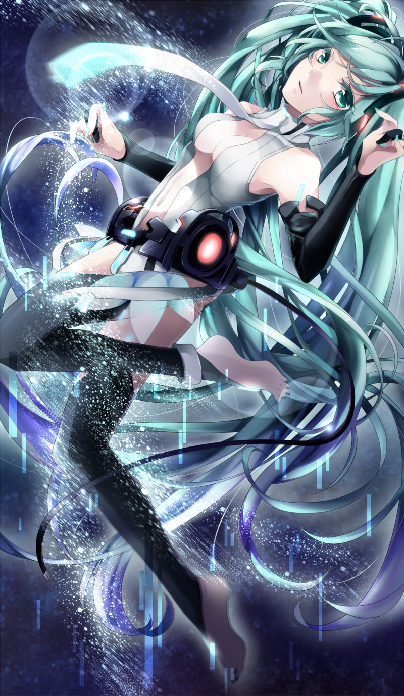 1girl, barefoot, black_legwear, black_nails, blue_eyes, blue_hair, breasts, cleavage