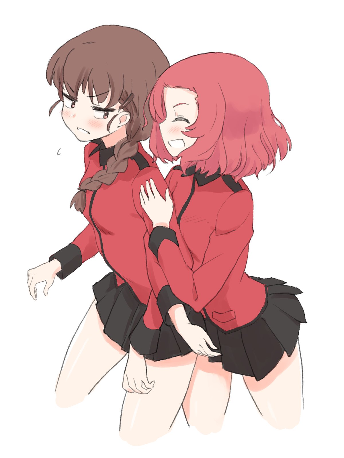2girls, arm_hug, bangs, black_skirt, blush, braid, brown_eyes, brown_hair