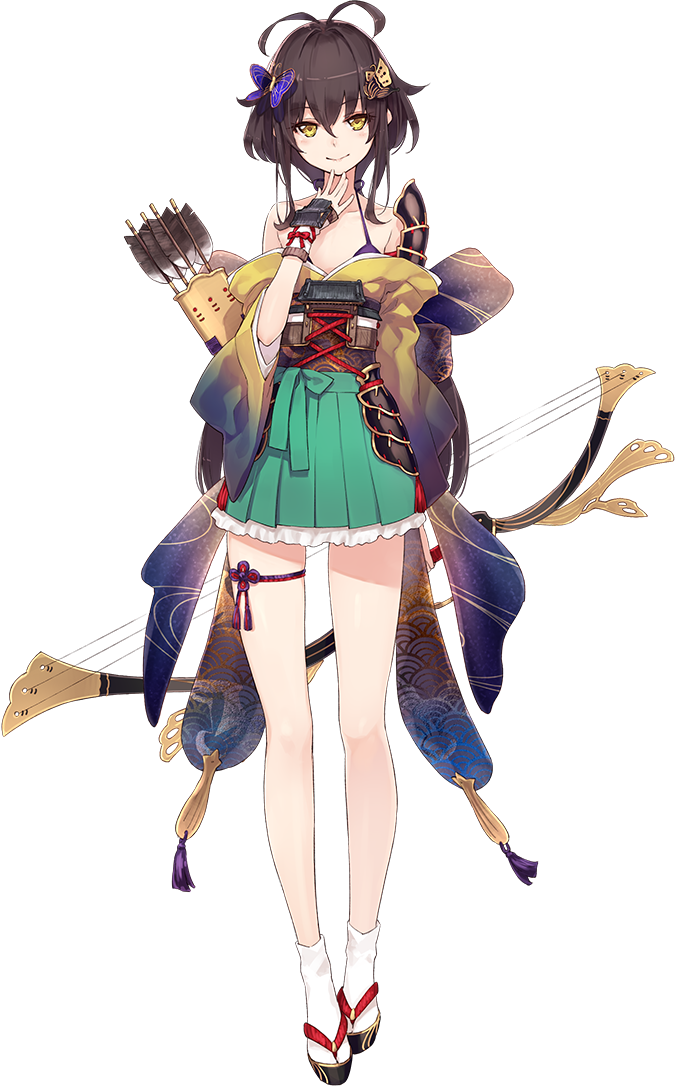 1girl, antenna_hair, arrow, bare_shoulders, bow_(weapon), bra, brown_hair, edoshiyakata_(oshiro_project), full_body, fuyuno_yuuki, green_skirt, hair_ornament, hakama_skirt, hand_on_own_chin, holding, holding_bow_(weapon), holding_weapon, japanese_clothes, kimono, long_hair, low-tied_long_hair, official_art, open_clothes, open_kimono, oshiro_project, oshiro_project_re, pleated_skirt, purple_bra, quiver, sandals, seigaiha, skirt, smile, socks, solo, standing, transparent_background, underwear, weapon, white_legwear, yellow_eyes, zouri