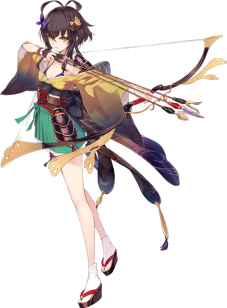 1girl, antenna_hair, arrow, bare_shoulders, bow_(weapon), bra, brown_hair, edoshiyakata_(oshiro_project)