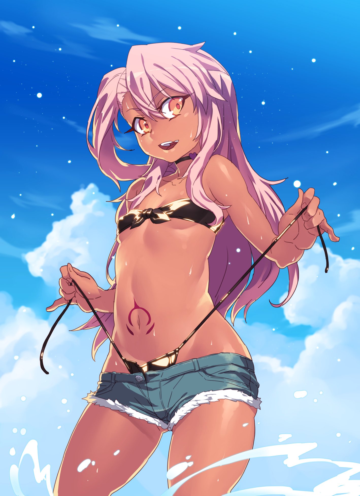 1girl, bikini, bikini_under_clothes, blue_sky, blush, breasts, chloe_von_einzbern, commentary_request, dark_skin, day, denim, denim_shorts, fate/kaleid_liner_prisma_illya, fate_(series), highres, long_hair, looking_at_viewer, navel, one_side_up, orange_eyes, outdoors, pink_hair, shiny, shiny_hair, shiny_skin, shorts, side_ponytail, sky, small_breasts, solo, stomach_tattoo, swimsuit, tasaka_shinnosuke, tattoo, untied_bikini_bottom, wet