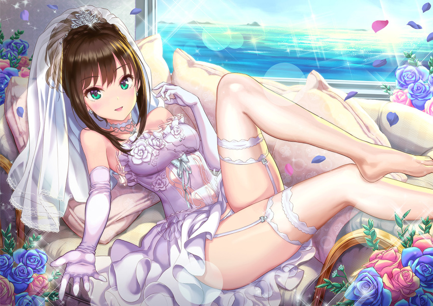 1girl, bangs, bare_shoulders, blush, breasts, bridal_veil, bride, brown_hair