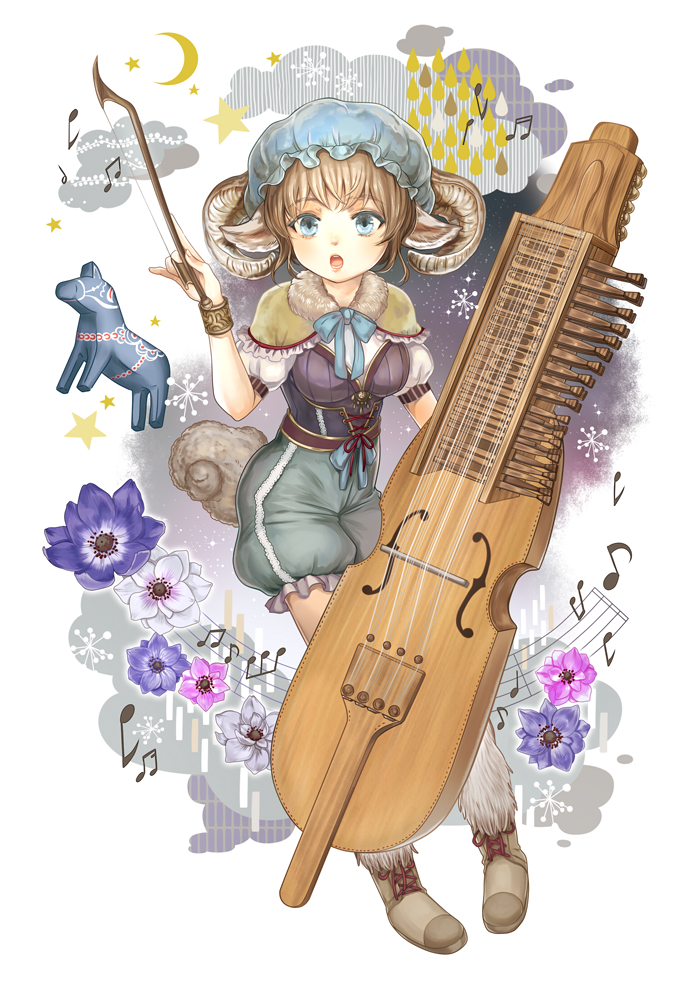1girl, :o, animal_ears, beamed_eighth_notes, beamed_sixteenth_notes, blue_eyes, blue_flower, bow_(instrument)