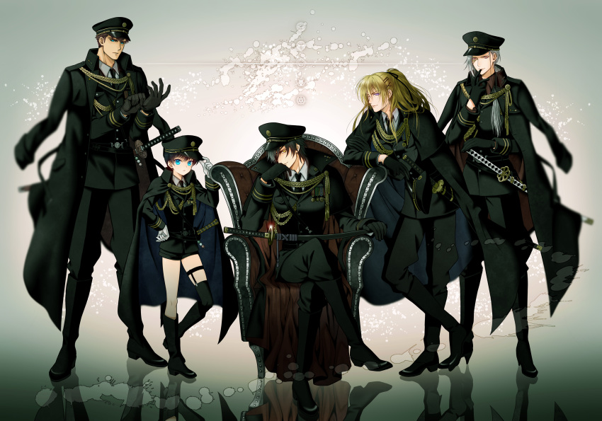 5boys, absurdres, alternate_costume, azuki_nagamitsu_(touken_ranbu), black_gloves, black_hair, black_legwear, blonde_hair