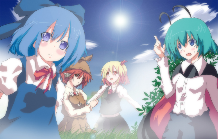 antenna, blonde_hair, blue_eyes, blue_hair, blush, cirno, green_hair, hat