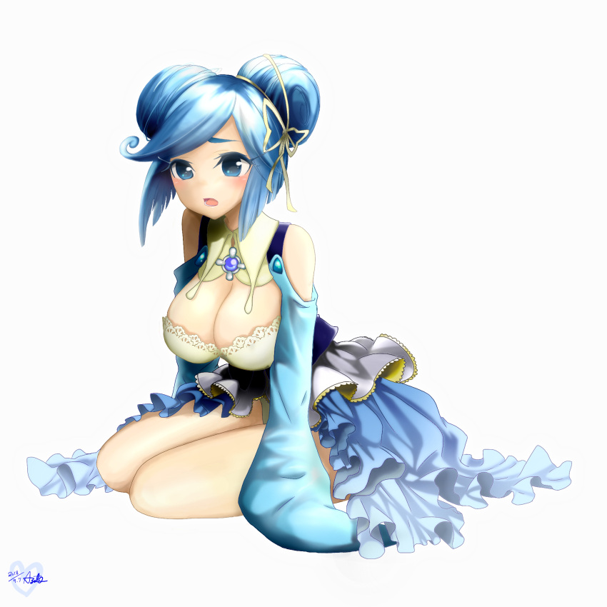 1girl, :d, azat0_hekitsuki, blue_dress, blue_hair, blush, breasts, cleavage, creatures_(company), dated, detached_collar, double_bun, dress, full_body, game_freak, gen_1_pokemon, hair_ribbon, highres, lapras, long_sleeves, looking_at_viewer, nintendo, open_mouth, personification, pokemon, ribbon, short_hair, sitting, smile, solo, white_background