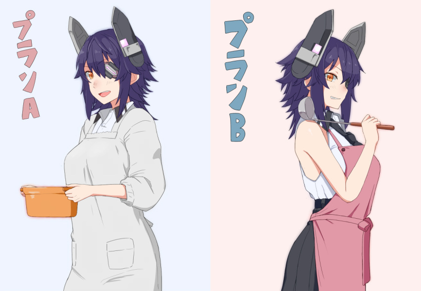 1girl, apron, black_neckwear, black_skirt, blue_background, cowboy_shot, eyepatch, headgear