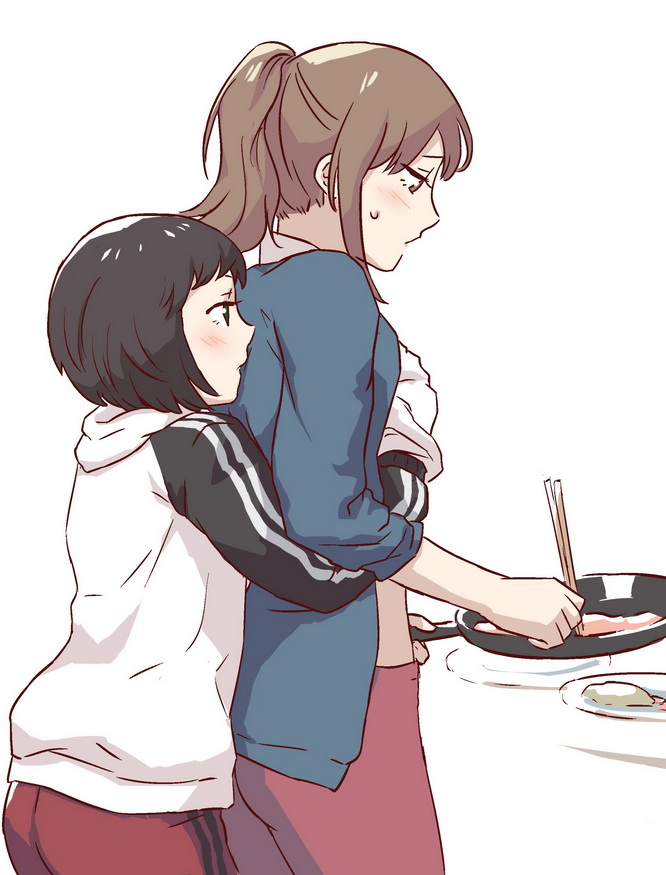 2girls, blush, breast_grab, chopsticks, cooking, flauschtraut, food, frying_pan, grabbing, grabbing_from_behind, groping, hand_under_clothes, komano_hina, multiple_girls, okujou_no_yurirei-san, sweatdrop, toomi_yuna, yuri