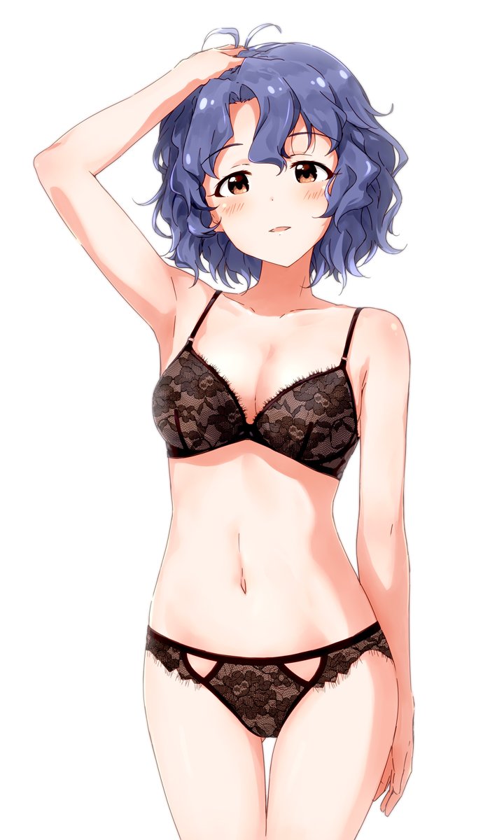 1girl, black_bra, black_panties, blue_hair, blush, bra, breasts, brown_eyes