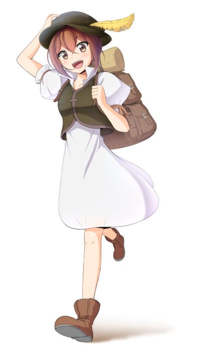 1girl, bag, blush, brown_hair, dress, full_body, green_eyes, hat