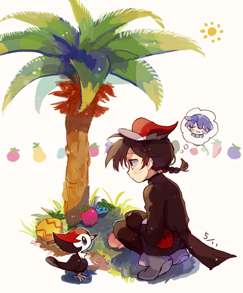 1girl, aspear_berry, belt_pouch, black_eyes, black_gloves, black_hair, bluk_berry, braided_ponytail