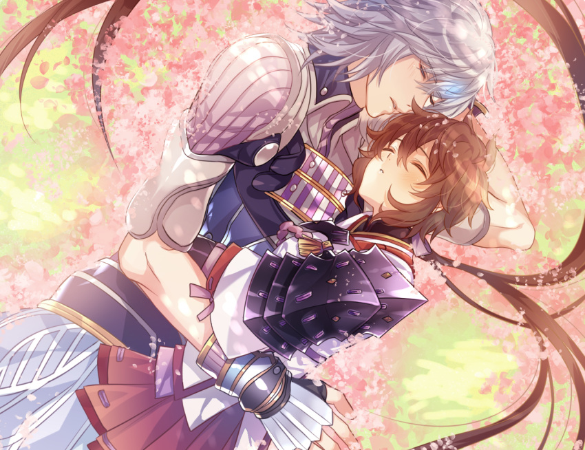 1boy, 1girl, armor, cherry_blossoms, gloves, hug, kikuim0, long_hair