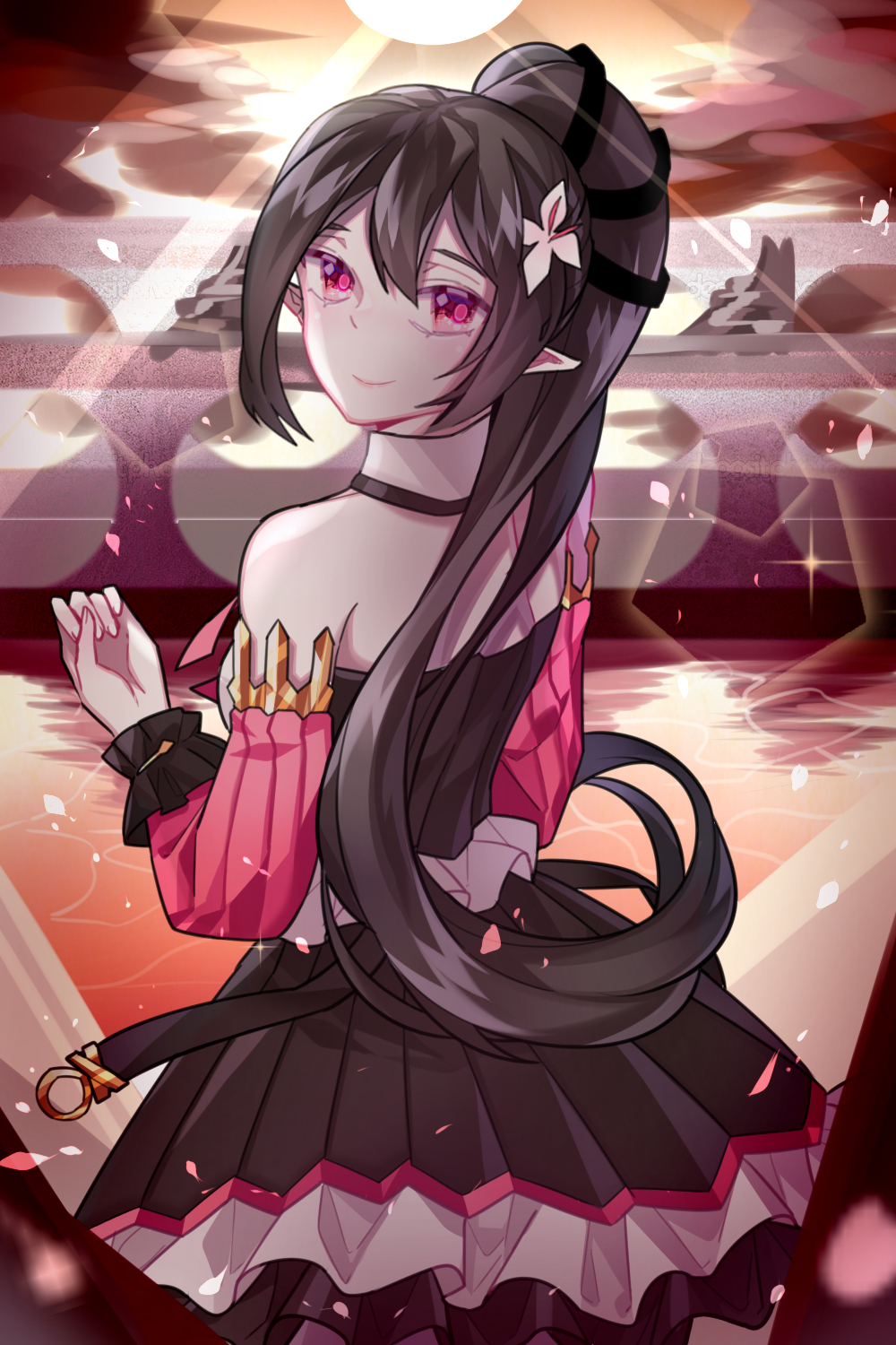 1girl, alternate_color, bare_shoulders, chuki_(lydia), closed_mouth, detached_sleeves, elf, elsword