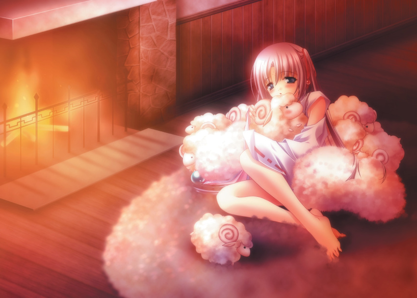 blue_eyes, blush, caren_mayfield, detached_sleeves, feet, fireplace, highres, moldavite