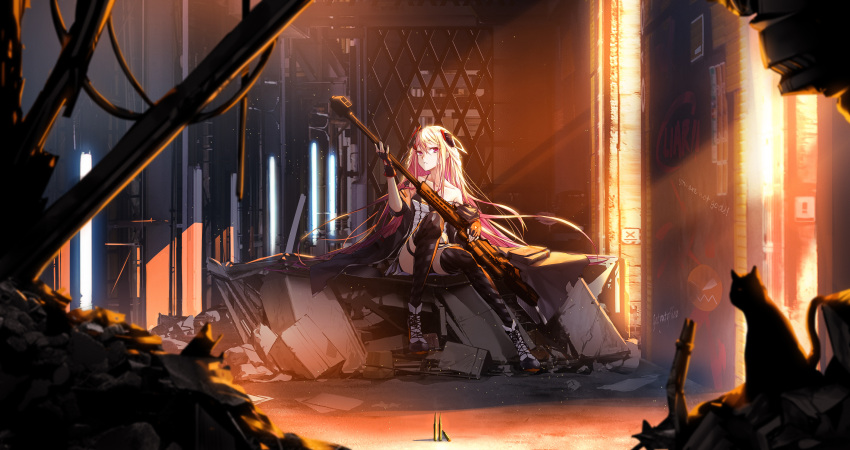 1girl, absurdres, anti-materiel_rifle, bangs, barrett_m82, black_bra, black_gloves, black_legwear