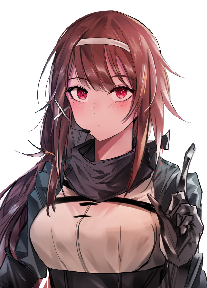 1girl, absurdres, bangs, blue_jacket, blush, brown_hair, cizzi, closed_mouth