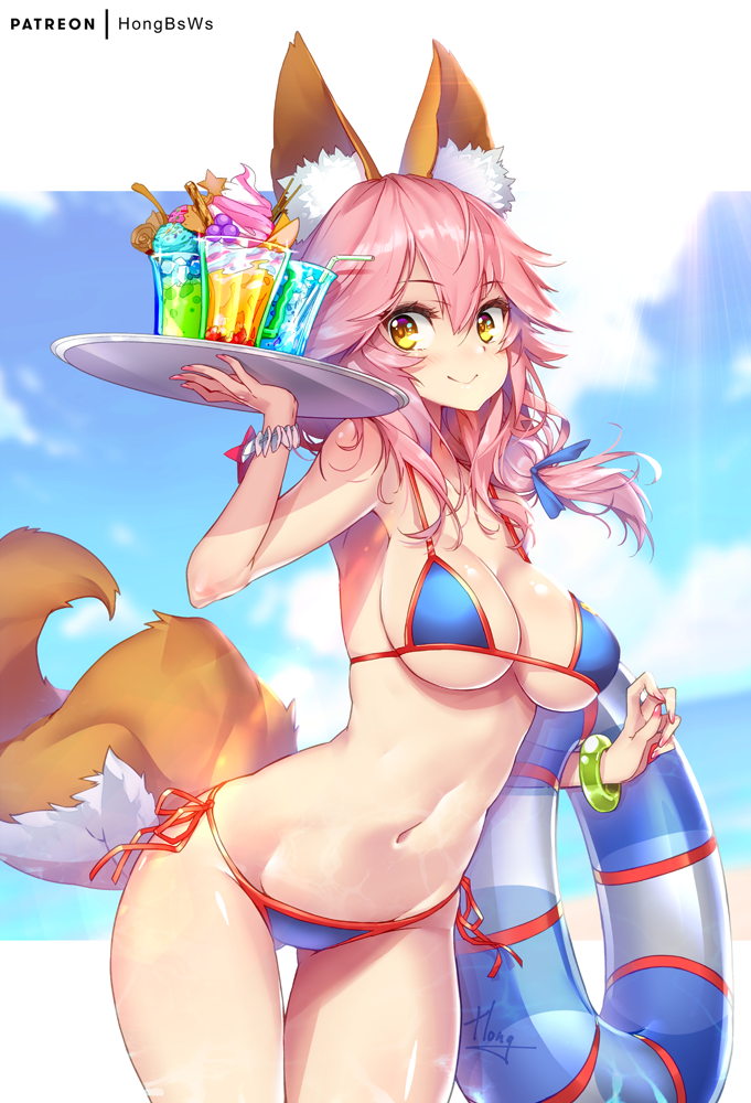 1girl, animal_ear_fluff, animal_ears, bangs, bare_shoulders, bendy_straw, bikini, blue_bikini