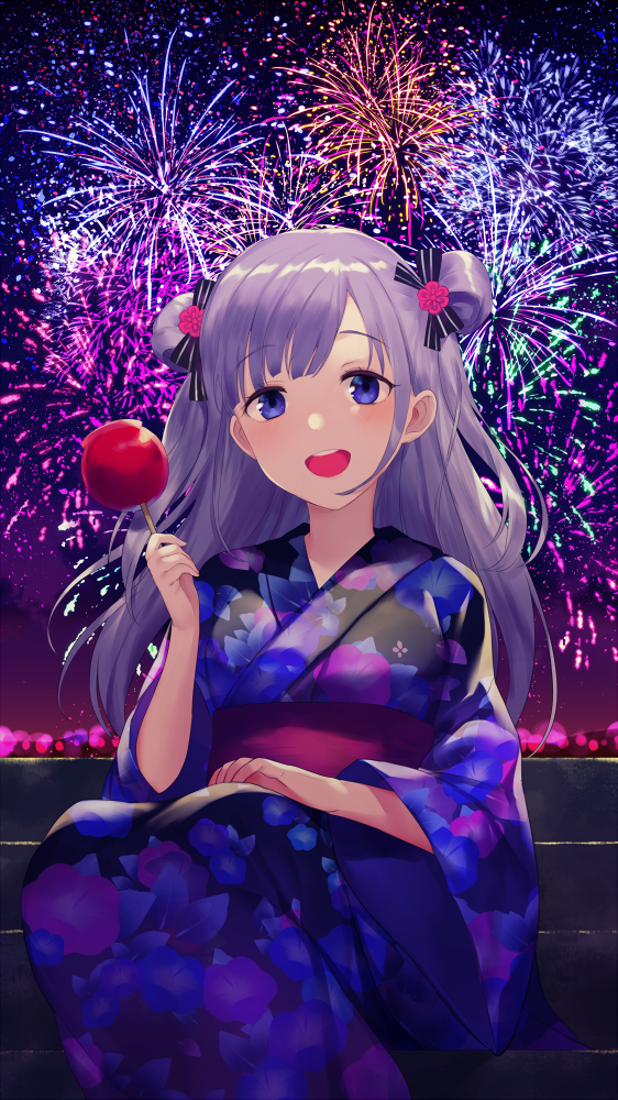 :d, aerial_fireworks, blue_eyes, candy_apple, coconome, double_bun, fireworks, floral_print
