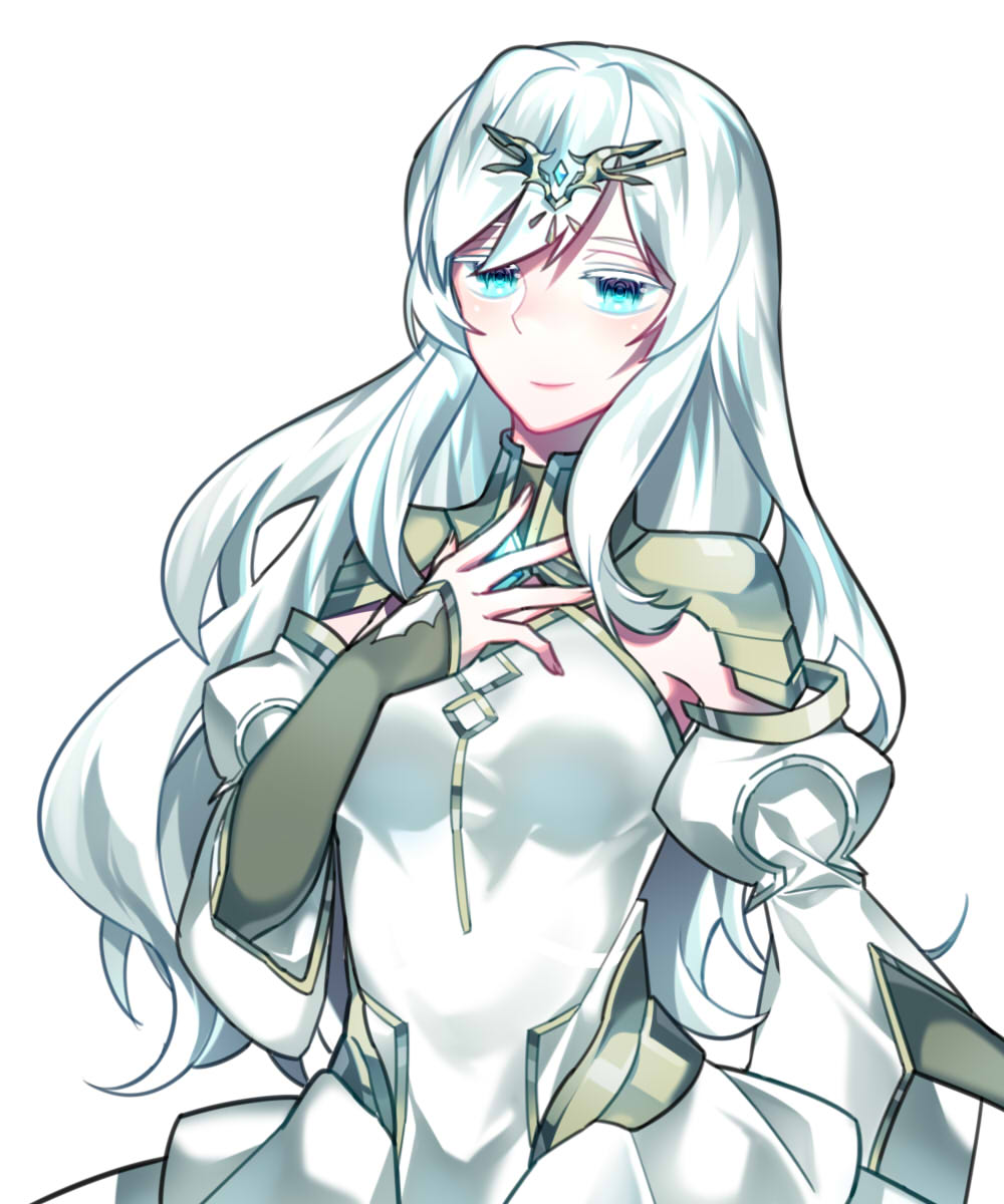 1girl, aqua_eyes, chuki_(lydia), circlet, detached_sleeves, elbow_gloves, elsword, gem, gloves, hair_between_eyes, harniel, highres, long_hair, shirt, smile, white_background, white_hair, white_shirt