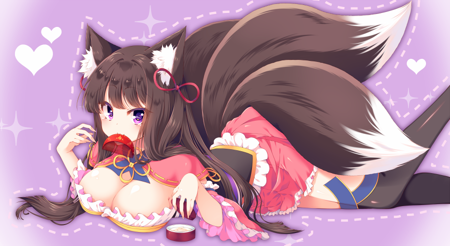 1girl, animal_ear_fluff, animal_ears, black_legwear, breasts, brown_hair, cleavage, comb, dress, feet_out_of_frame, fox_ears, fox_tail, hair_ribbon, heart, japanese_clothes, large_breasts, lying, mouth_hold, multiple_tails, on_stomach, outline, pink_dress, pink_ribbon, purple_background, ribbon, sash, shisui_suzuka, smile, suzune_(teria_saga), tail, teria_saga, thigh-highs, violet_eyes