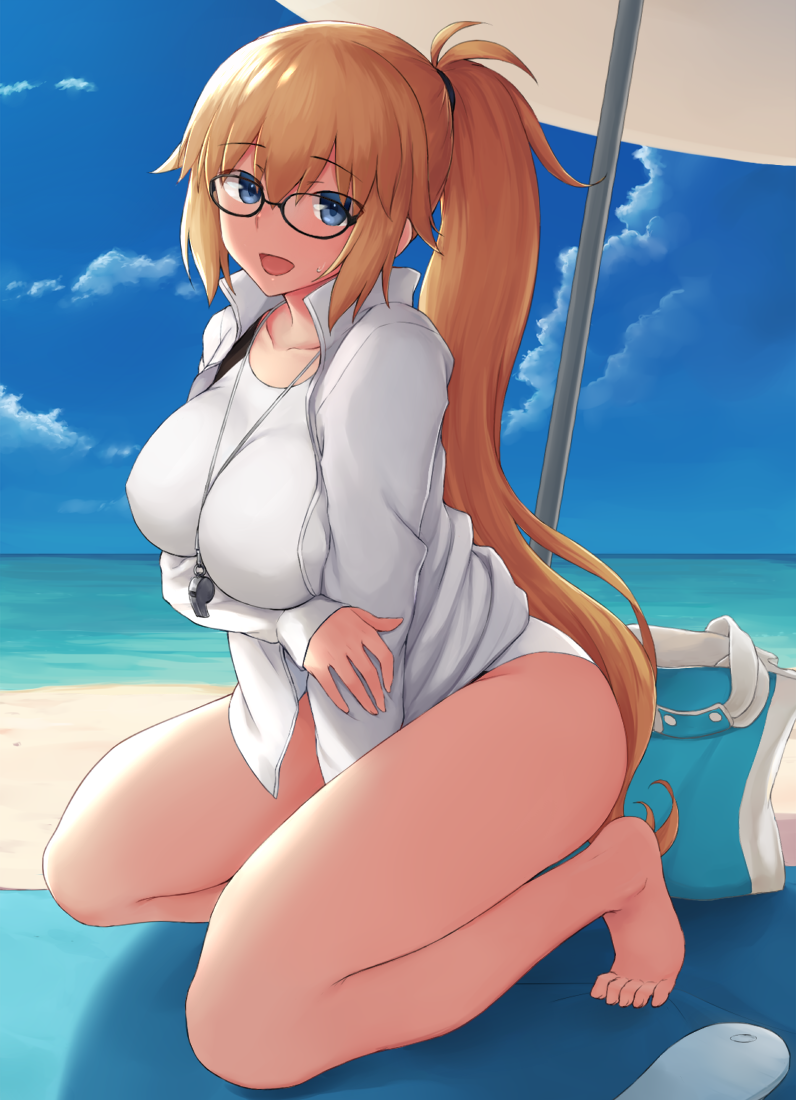 1girl, barefoot, beach, beach_towel, beach_umbrella, blonde_hair, blue_eyes, breasts, cold_(hoshinoskull), collarbone, competition_swimsuit, day, fate/grand_order, fate_(series), full_body, glasses, jacket, jeanne_d'arc_(fate)_(all), jeanne_d'arc_(swimsuit_archer), kneeling, large_breasts, long_hair, one-piece_swimsuit, open_clothes, open_jacket, open_mouth, outdoors, ponytail, sky, solo, swimsuit, towel, umbrella, very_long_hair, whistle, whistle_around_neck, white_jacket, white_swimsuit