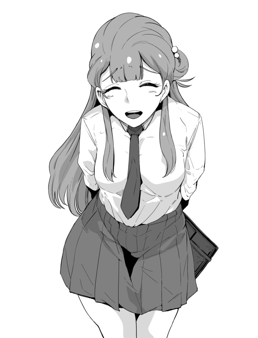 1girl, ^_^, ^o^, arms_behind_back, blush, breasts, closed_eyes, collarbone, cowboy_shot, greyscale, happy, highres, hugtto!_precure, leaning_forward, looking_at_viewer, monochrome, necktie, open_mouth, otochichi, pleated_skirt, precure, school_uniform, simple_background, skirt, smile, white_background, yakushiji_saaya