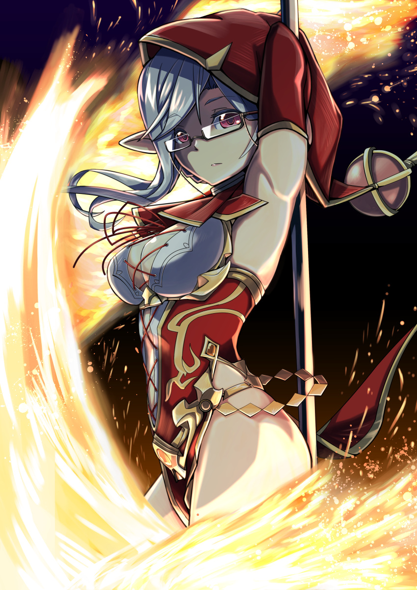 1girl, absurdres, arm_up, arm_warmers, armpits, black_background, breasts, cleavage