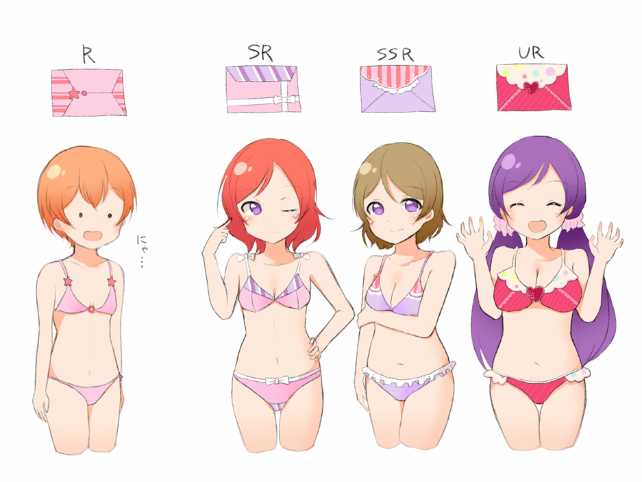 ._., 4girls, :d, ^_^, arms_at_sides, blush, bra, breast_hold, breasts, brown_hair, bust_chart, claw_pose, cleavage, closed_eyes, closed_eyes, commentary_request, cropped_legs, envelope, hand_on_hip, hand_up, heart, hoshizora_rin, koizumi_hanayo, long_hair, looking_at_viewer, love_live!, love_live!_school_idol_project, medium_breasts, multiple_girls, navel, nishikino_maki, one_eye_closed, open_mouth, orange_hair, panties, pimi_(ringsea21), pink_bra, pink_panties, purple_bra, purple_hair, purple_panties, redhead, short_hair, simple_background, small_breasts, smile, tearing_up, thigh_gap, toujou_nozomi, underwear, underwear_only, violet_eyes, white_background