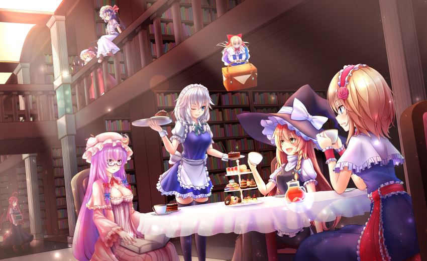 6+girls, :d, ;), ahoge, alice_margatroid, apron, bangs, basket, bat_wings, bespectacled, black_dress, black_hat, black_legwear, black_skirt, black_vest, blonde_hair, blue_bow, blue_dress, blue_eyes, blue_hair, blue_ribbon, blush, book, bookshelf, bow, bowtie, braid, breasts, cake, capelet, chair, charlotte_(a623024828), cleavage, column, commentary_request, crescent, crescent_hair_ornament, crystal, cup, dress, dutch_angle, elbow_rest, eye_contact, eyebrows_visible_through_hair, feet_out_of_frame, flandre_scarlet, flower, flying, food, frilled_apron, frilled_capelet, frilled_sash, frilled_sleeves, frills, glasses, green_bow, green_ribbon, hair_between_eyes, hair_bow, hair_flower, hair_ornament, hairband, hand_up, hands_up, hat, hat_bow, hat_ribbon, head_tilt, highres, holding, holding_basket, holding_book, holding_cup, holding_plate, holding_tray, indoors, izayoi_sakuya, juliet_sleeves, kirisame_marisa, koakuma, lens_flare, library, light_particles, light_rays, lolita_hairband, long_hair, long_sleeves, looking_at_another, maid, maid_apron, maid_headdress, mary_janes, medium_breasts, mob_cap, multiple_girls, neck_ribbon, necktie, on_railing, one_eye_closed, open_mouth, parted_lips, patchouli_knowledge, petticoat, pillar, pink_hat, pitcher, plate, pointy_ears, profile, puffy_short_sleeves, puffy_sleeves, purple_dress, purple_hair, railing, red_bow, red_eyes, red_flower, red_footwear, red_hairband, red_neckwear, red_ribbon, red_rose, red_sash, red_skirt, red_vest, redhead, remilia_scarlet, ribbon, rose, sash, shanghai_doll, shirt, shoes, short_dress, short_hair, short_sleeves, siblings, sidelocks, silver_hair, single_braid, sisters, sitting, skirt, skirt_set, smile, standing, striped, table, tablecloth, teacup, thigh-highs, tiered_tray, touhou, tray, twin_braids, vertical-striped_dress, vertical_stripes, very_long_hair, vest, violet_eyes, waist_apron, walking, white_apron, white_bow, white_capelet, white_dress, white_hat, white_shirt, wide_sleeves, wing_collar, wings, witch_hat, wrist_cuffs, yellow_eyes, zettai_ryouiki
