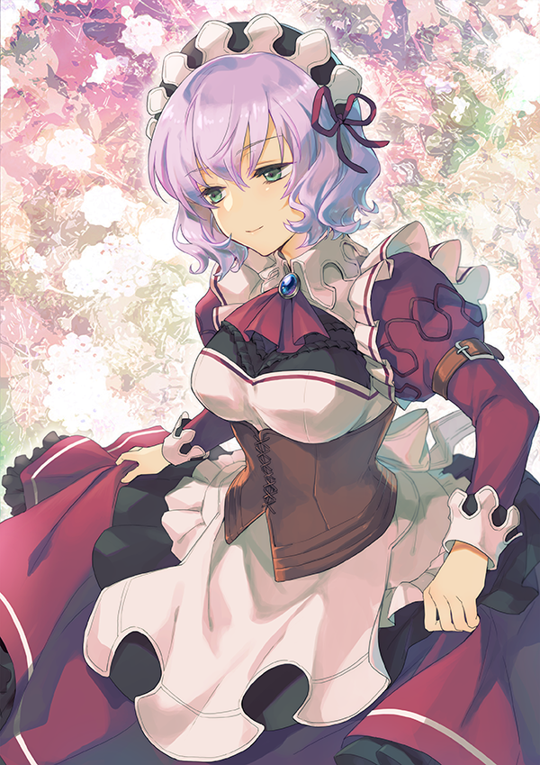 1girl, apron, ascot, breasts, brooch, corset, cowboy_shot, dress