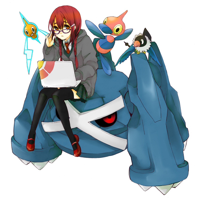 1girl, bad_id, black_legwear, blue_beak, brown_eyes, brown_hair, chatot, computer