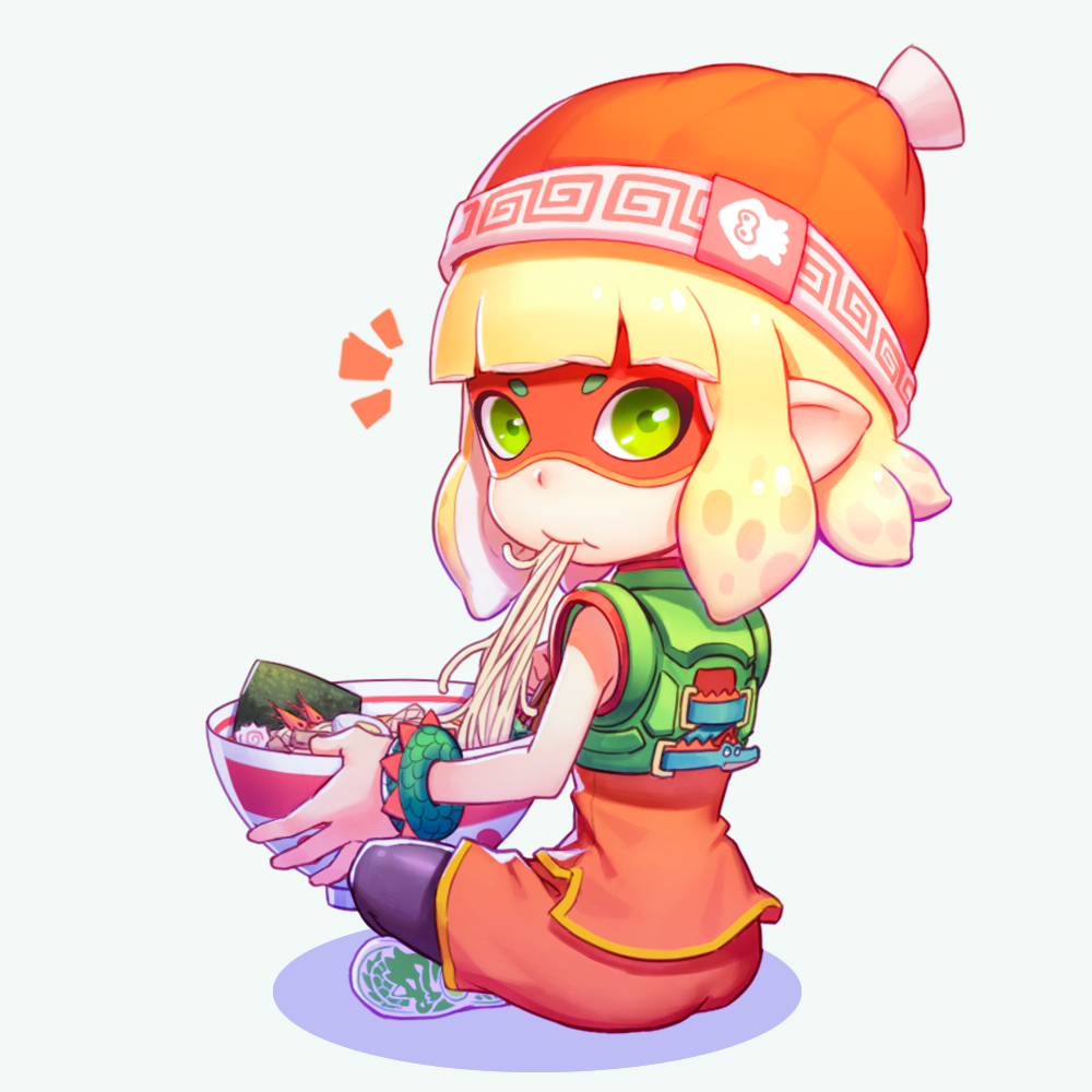 1girl, arms_(game), bangs, beanie, black_legwear, blonde_hair, blunt_bangs, bowl, bracelet, closed_mouth, cosplay, domino_mask, food, green_eyes, hat, inkling, jewelry, looking_at_viewer, mask, min_min_(arms), min_min_(arms)_(cosplay), nintendo, noodles, orange_hat, pointy_ears, short_hair, simple_background, sitting, solo, splatoon, tentacle_hair, w2398510474, white_background